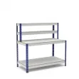 Werktafel blauw en grijs met bovenvakken en onderblad en 2 planken van spaanplaat