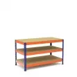 Werktafel blauw en oranje met 3 spaanplaten planken