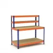 Werktafel blauw en oranje met bovenvakken en onderblad en 2 planken van spaanplaat