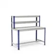 Werktafel met bovenvakken en voetensteun blauw en grijs met melamine planken zonder randbescherming