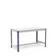 Werktafel met voetensteun blauw en grijs met melamine plank zonder randbescherming