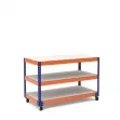 Werktafel op wielen blauw en oranje met 3 melamine planken zonder randbescherming