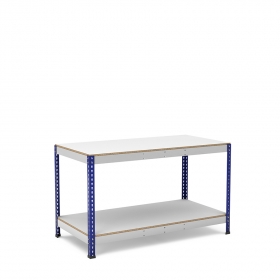 Werktafel blauw en grijs met 2 melamine planken zonder randbescherming