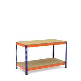 Werkbank blauw en oranje met 2 spaanplaten planken Werktafel blauw en oranje met 2 spaanplaten planken