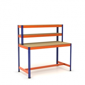 Werktafel met bovenvakken en voetensteun blauw en oranje met planken in spaanplaat