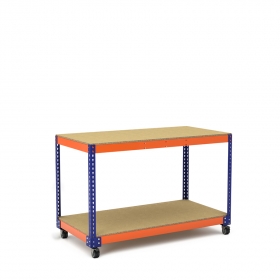 Werktafel op wielen blauw en oranje met 2 planken van spaanplaat